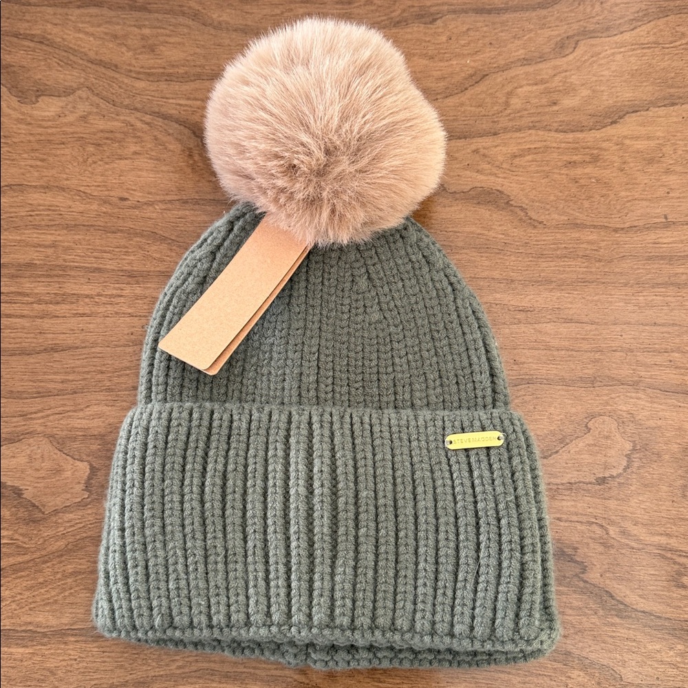 Steve Madden Green Knit Beanie with Faux Fur Pom